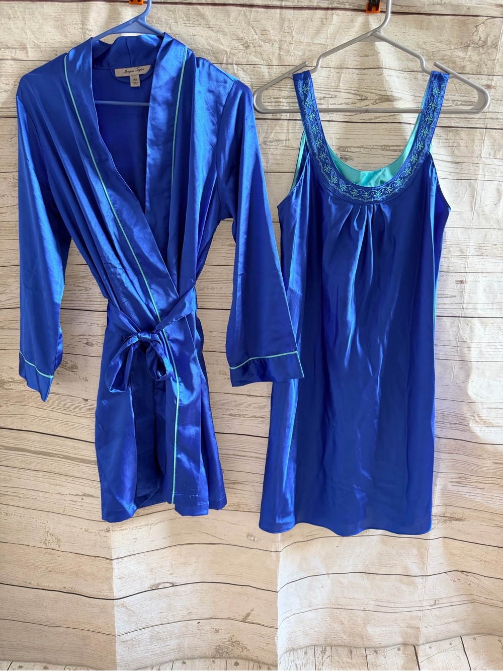 Morgan Taylor Royal Blue Satin Robe and Slip Set with Teal Trim